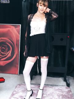 Skinny tranny Chloe Lox strips to white lingerie and toys herself